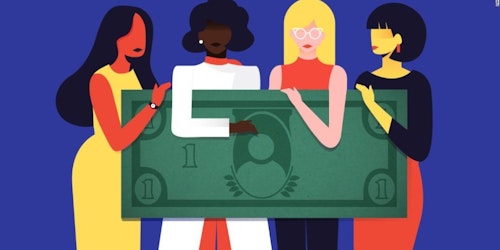 a graphic with a different color of skin woman holding a dollar bill