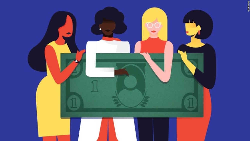a graphic with a different color of skin woman holding a dollar bill