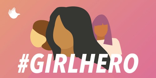 Diseño gráfico de #girlhero con 3 colores diferentes de caras de chicas